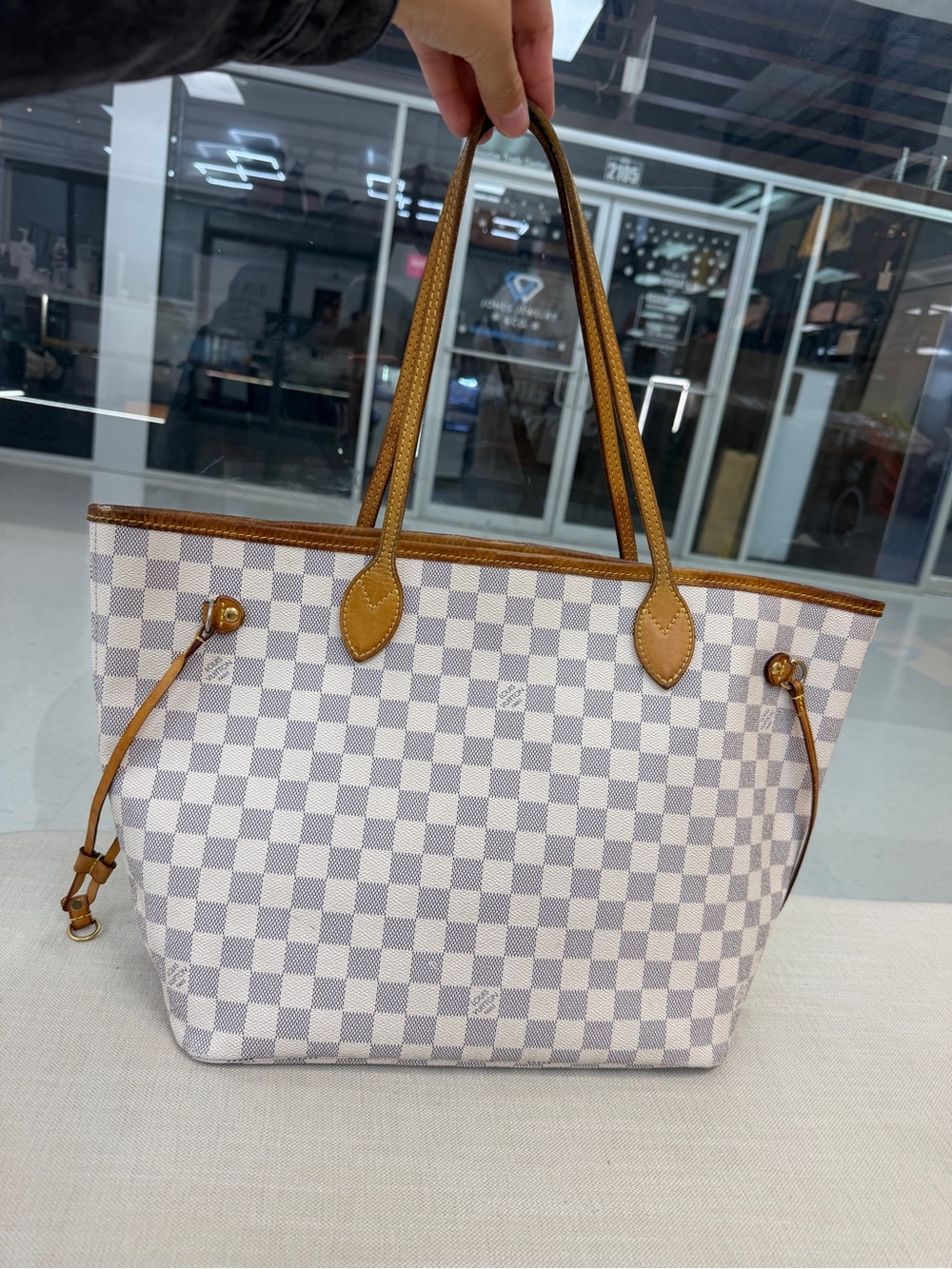 Louis Vuitton neverfull tote White Checkered Tote Bag with Tan Trim